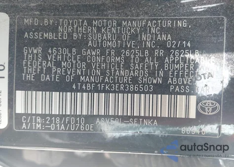 2014 Toyota Camry L/Le/Se/Se Sport/Xle из США, поврежденный, VIN 4T4BF1FK3ER386503